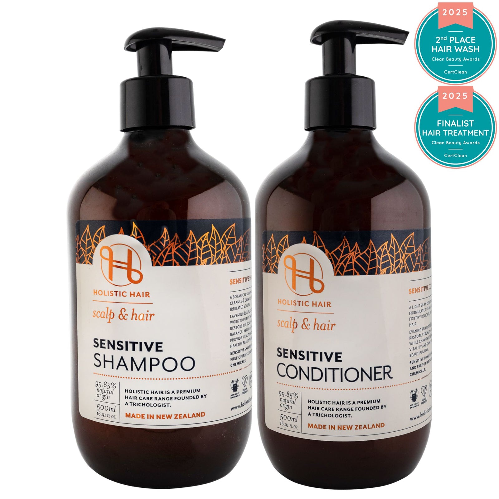 Gentle Sensitive Shampoo & Conditioner Set with Lavender, Chamomile, and Palmarosa oils, balancing the scalp’s microbiome, soothing itching, and leaving hair soft, shiny, and easy to style.