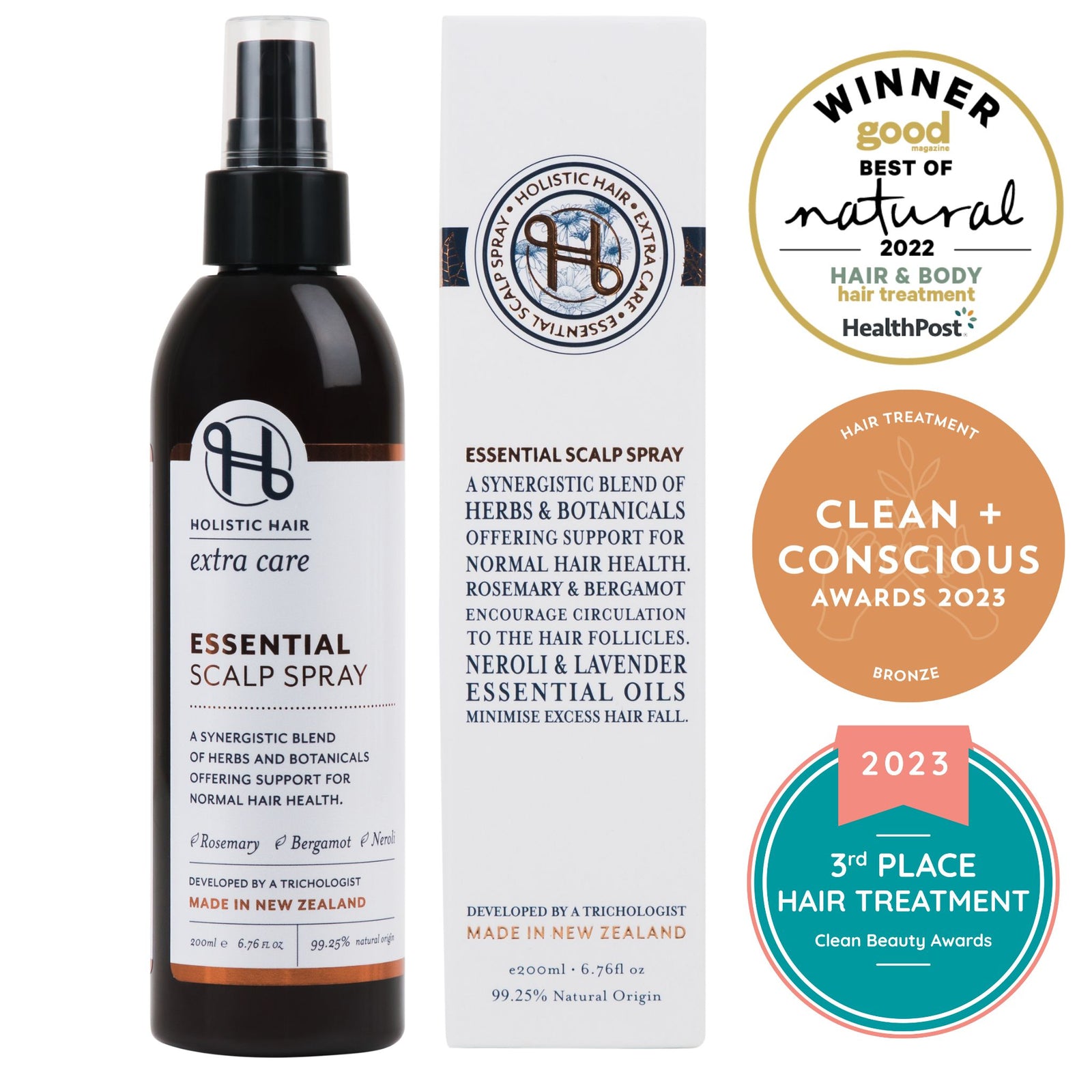 Bottle of Holistic Hair Scalp Spray with rosemary, lavender, and bergamot for hair and scalp health.