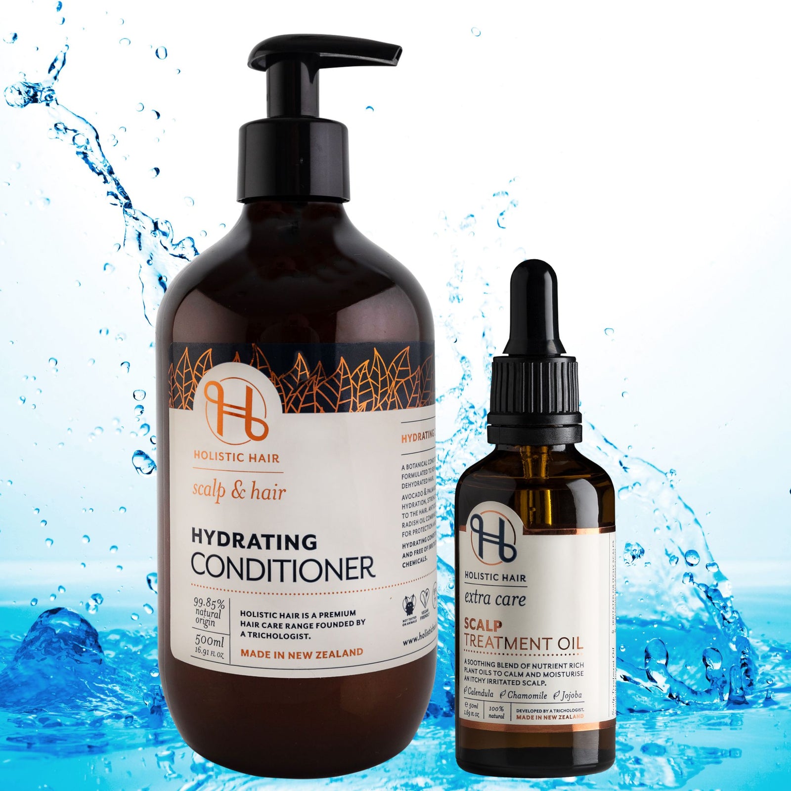 Hydrating Conditioner500ml and Scalp Treatment Oil 50ml on a transparent background. 