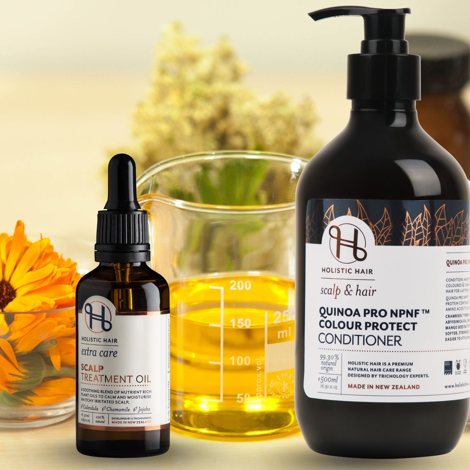 Scalp Treatment Oil 50ml and Quinoa Pro Colour Protect Conditioner 500ml on a transparent background.