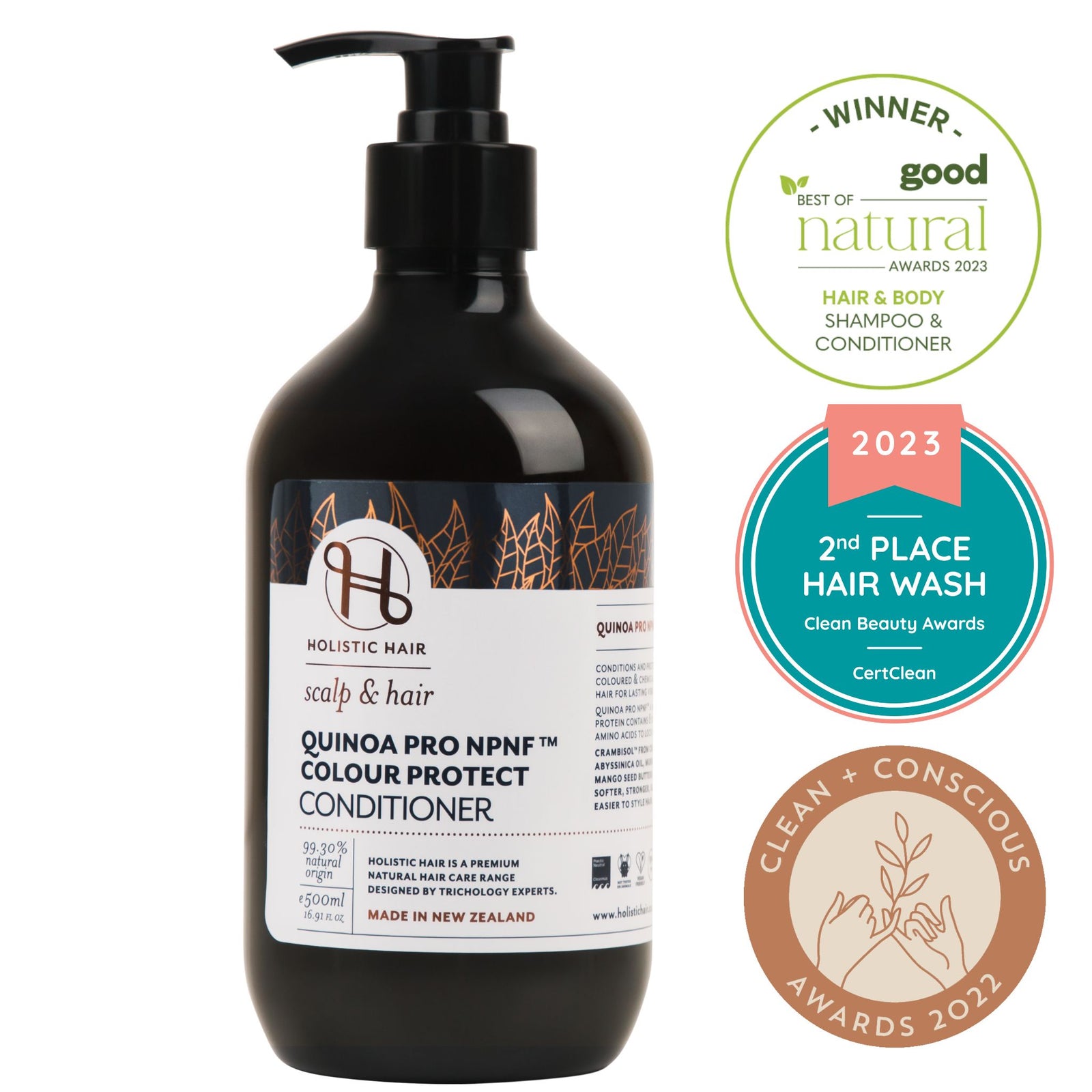 Eco-conscious conditioner bottle with vibrant plant-based elements, designed for colour retention and hair strength.