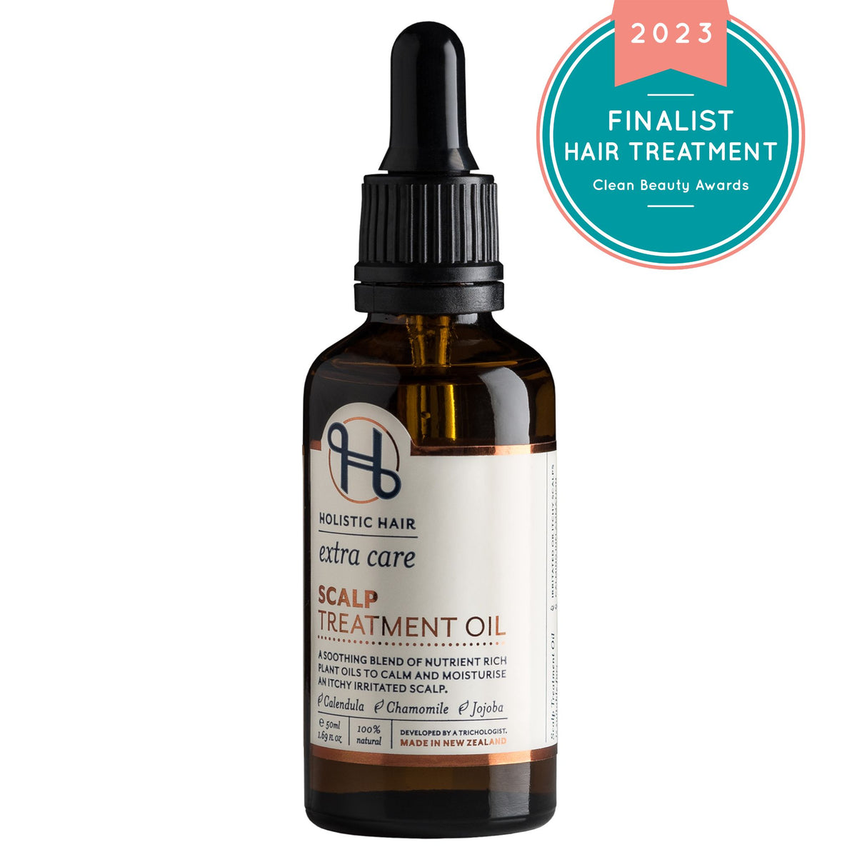 Bottle of soothing scalp oil surrounded by calendula, lavender, and chamomile flowers, representing natural relief and moisture.