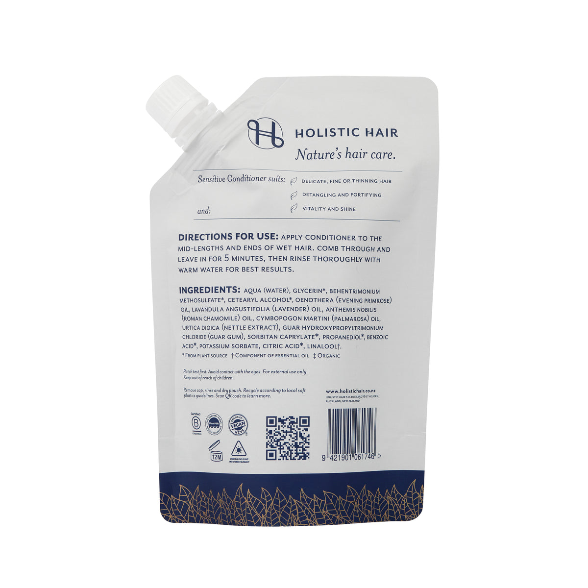 Image of the back of the Sensitive Conditioner 500ml Refill Pouch.