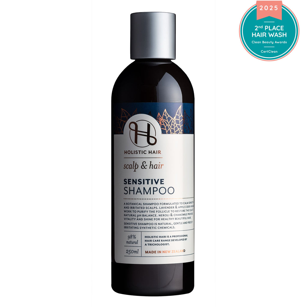 Gentle Sensitive Shampoo enriched with Apple Cider Vinegar, Lavender, and Evening Primrose, offering hydration, anti-inflammatory benefits, and relief from itching and flaking.