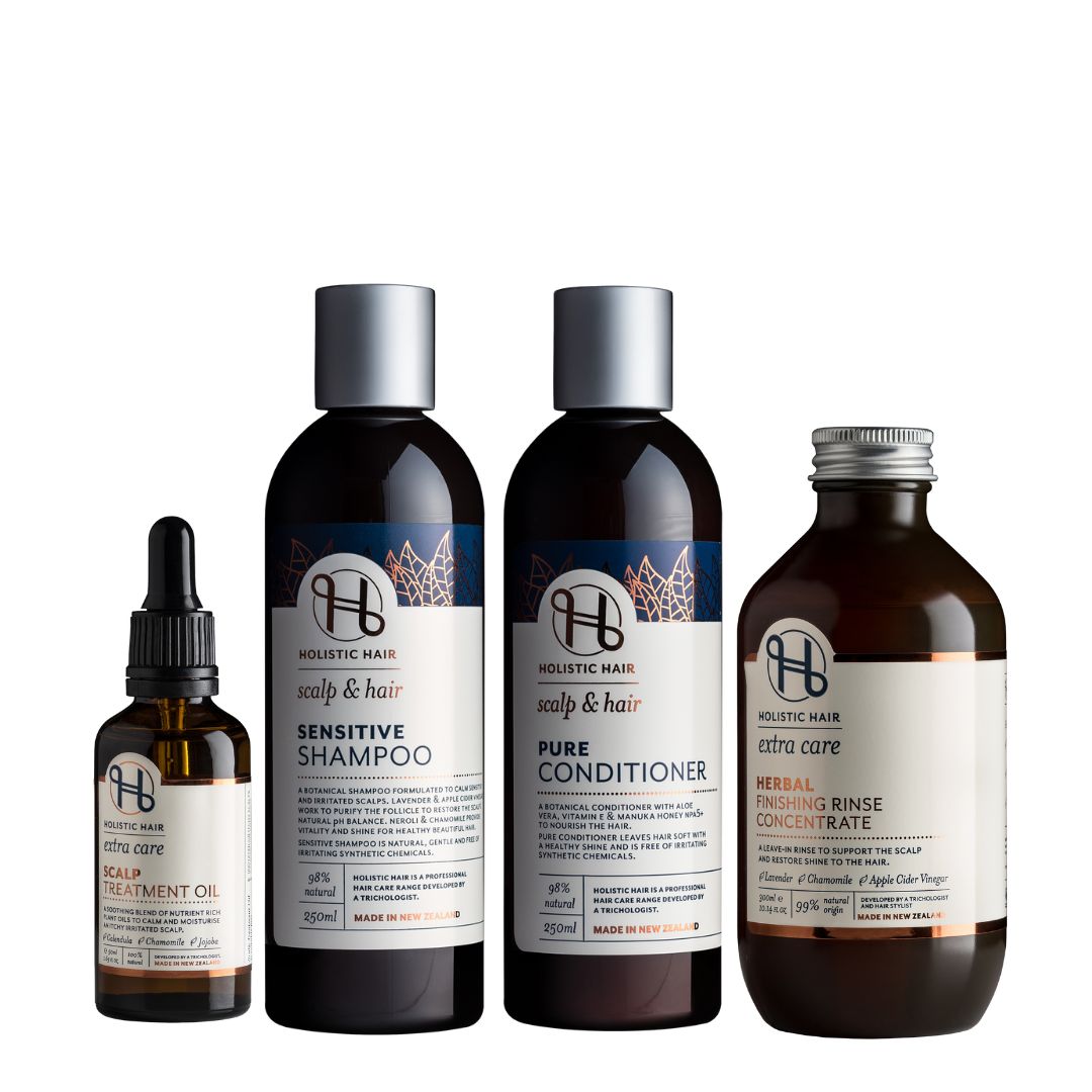 Holistic Hair Dandruff Relief Collection – complete 4-step natural hair care set for dandruff, featuring Scalp Treatment Oil, Sensitive Shampoo, Pure Conditioner, and Herbal Finishing Rinse.