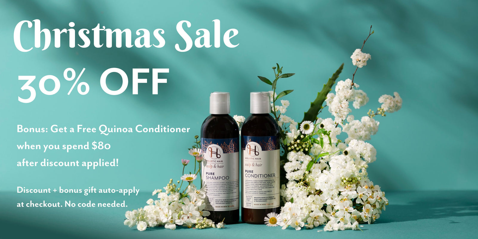 Two bottles of shampoo with flowers on a teal background, featuring a Christmas sale promotion.