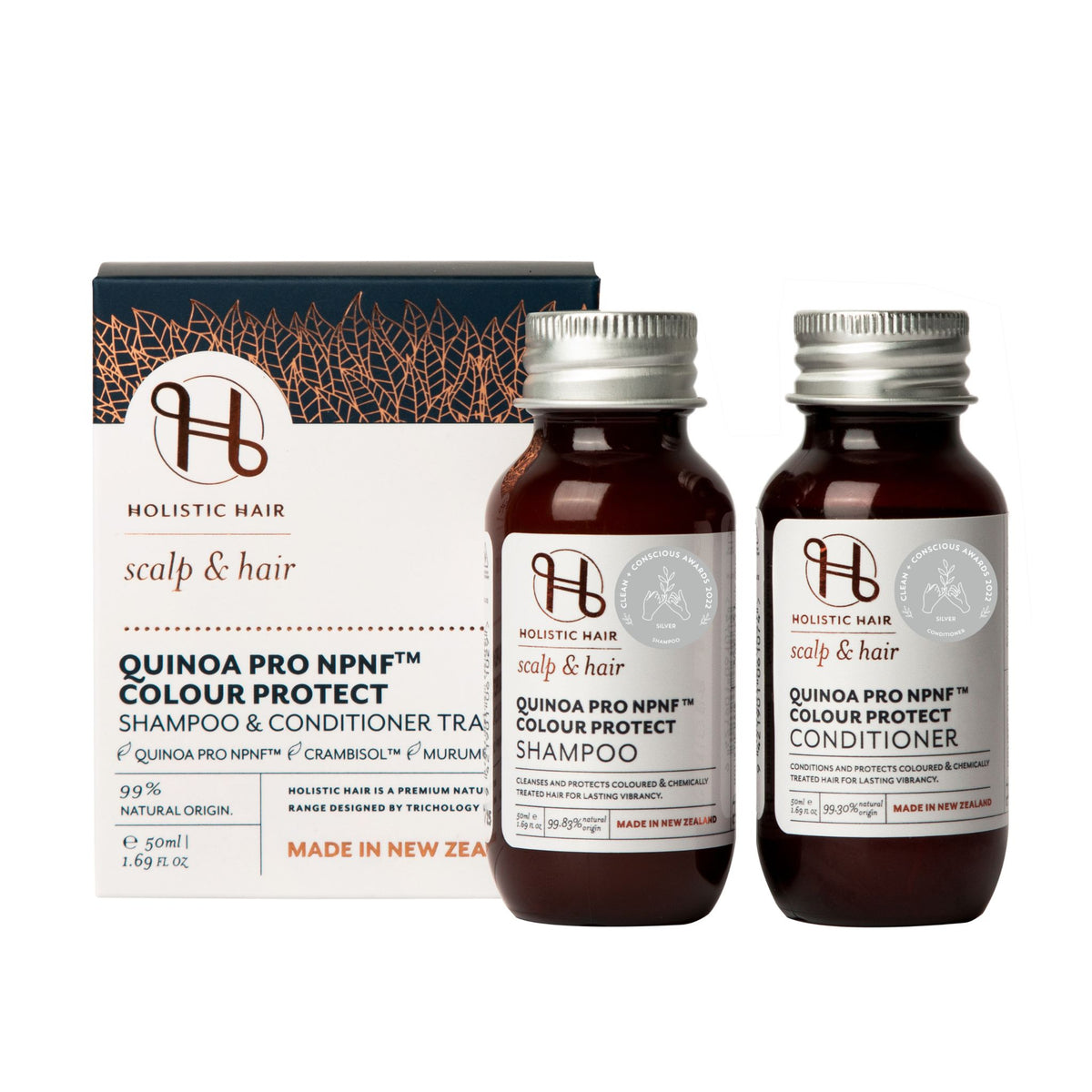 Quinoa Pro NPNF™ Colour Protect Shampoo and Conditioner Set for vibrant, hydrated, and strong colour-treated hair.