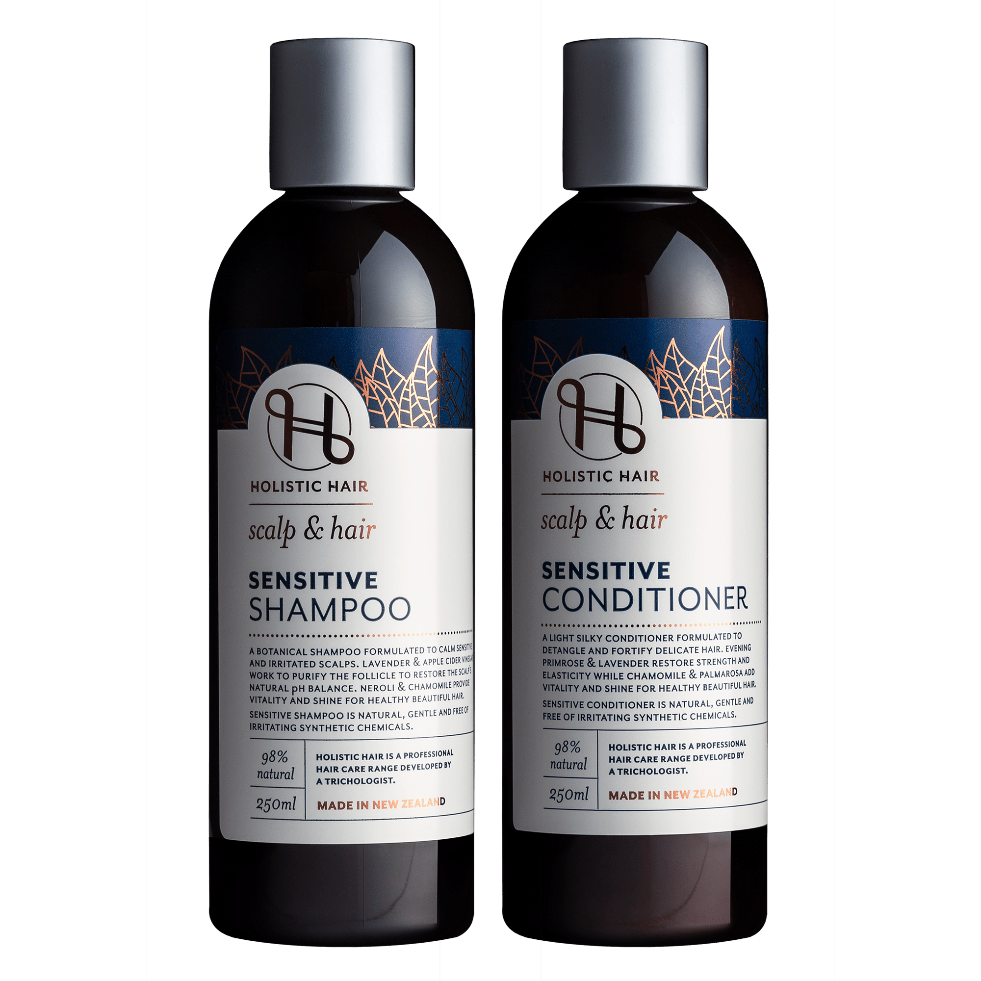 Calming Sensitive Shampoo & Conditioner Set enriched with Apple Cider Vinegar, Lavender, and Nettle Extract, providing antifungal benefits, soothing irritation, and enhancing shine and manageability for delicate hair.