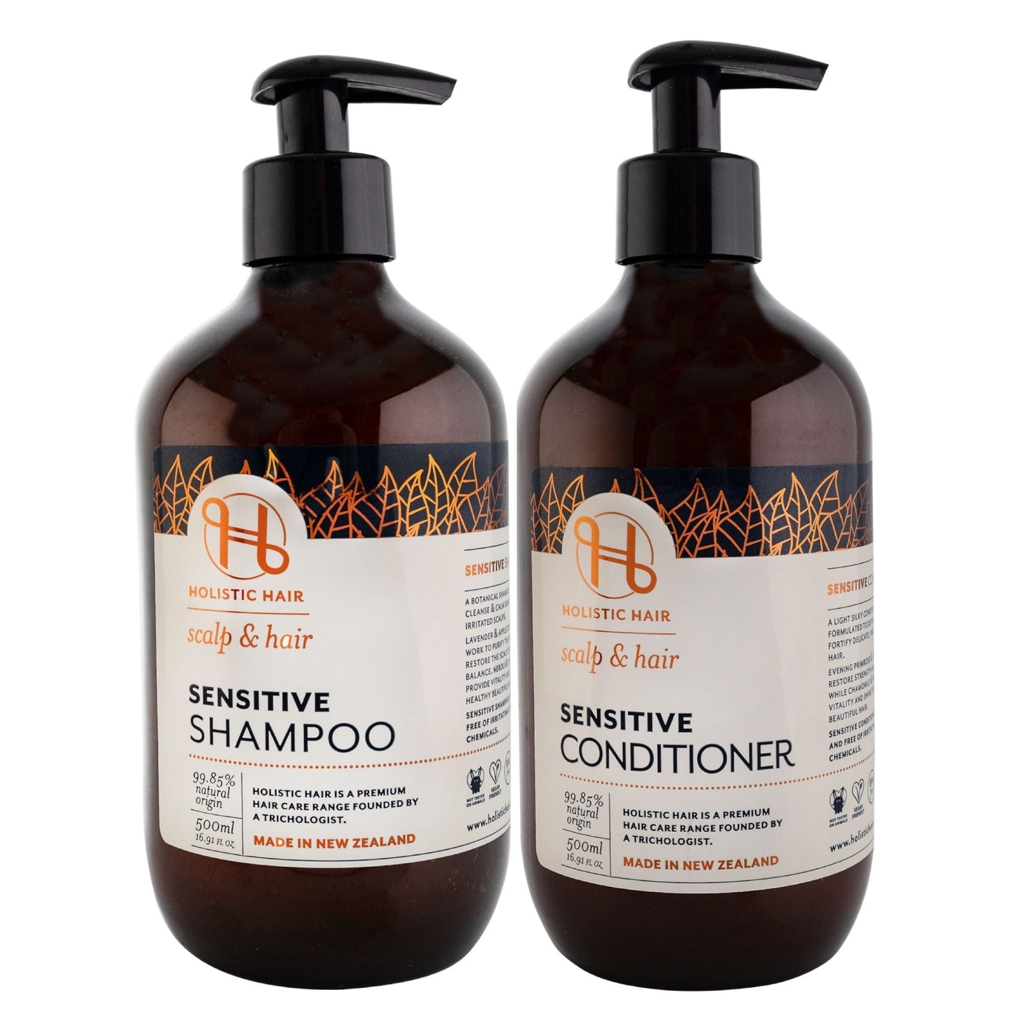 Gentle Sensitive Shampoo & Conditioner Set with Lavender, Chamomile, and Palmarosa oils, balancing the scalp’s microbiome, soothing itching, and leaving hair soft, shiny, and easy to style.