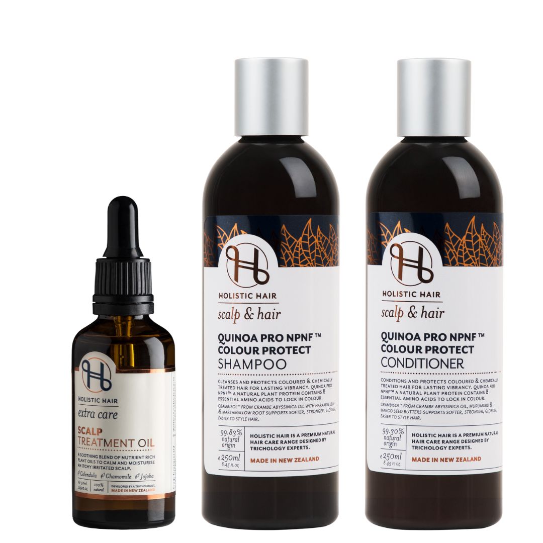 Image of Holistic Hair's Quinoa Pro NPNF™ Colour Protect Collection – including Scalp Treatment Oil, Colour Protect Shampoo, and Colour Protect Conditioner – designed to preserve colour, strengthen strands, and restore vibrancy to coloured or treated hair.