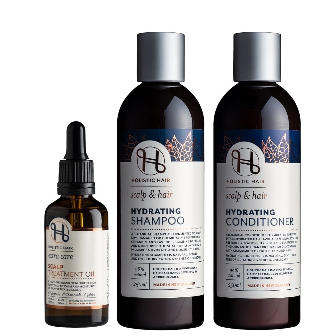 Dry Scalp Dry Hair Collection with natural plant oils for hydration and moisture restoration.