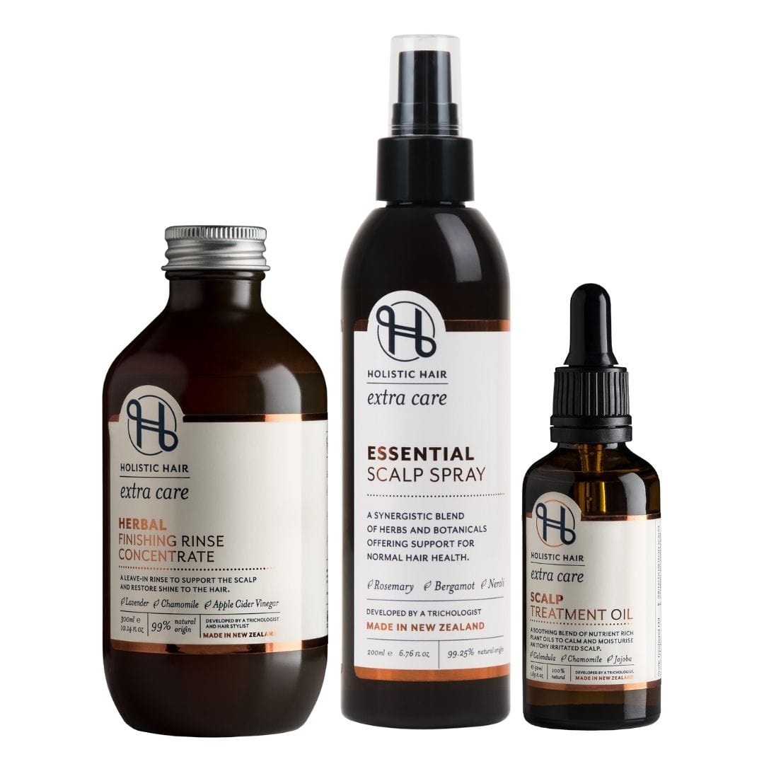 Extra Care Scalp Collection – three natural products to hydrate, soothe, and support healthy scalp and hair.
