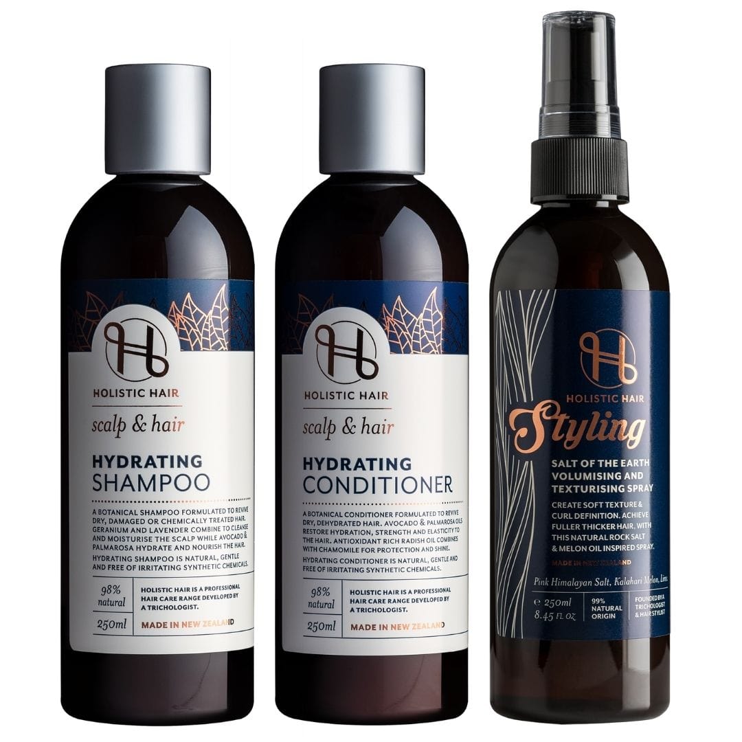 Hydrate and Texturise Collection – a natural hair care trio for moisture, shine, volume, and effortless styling.