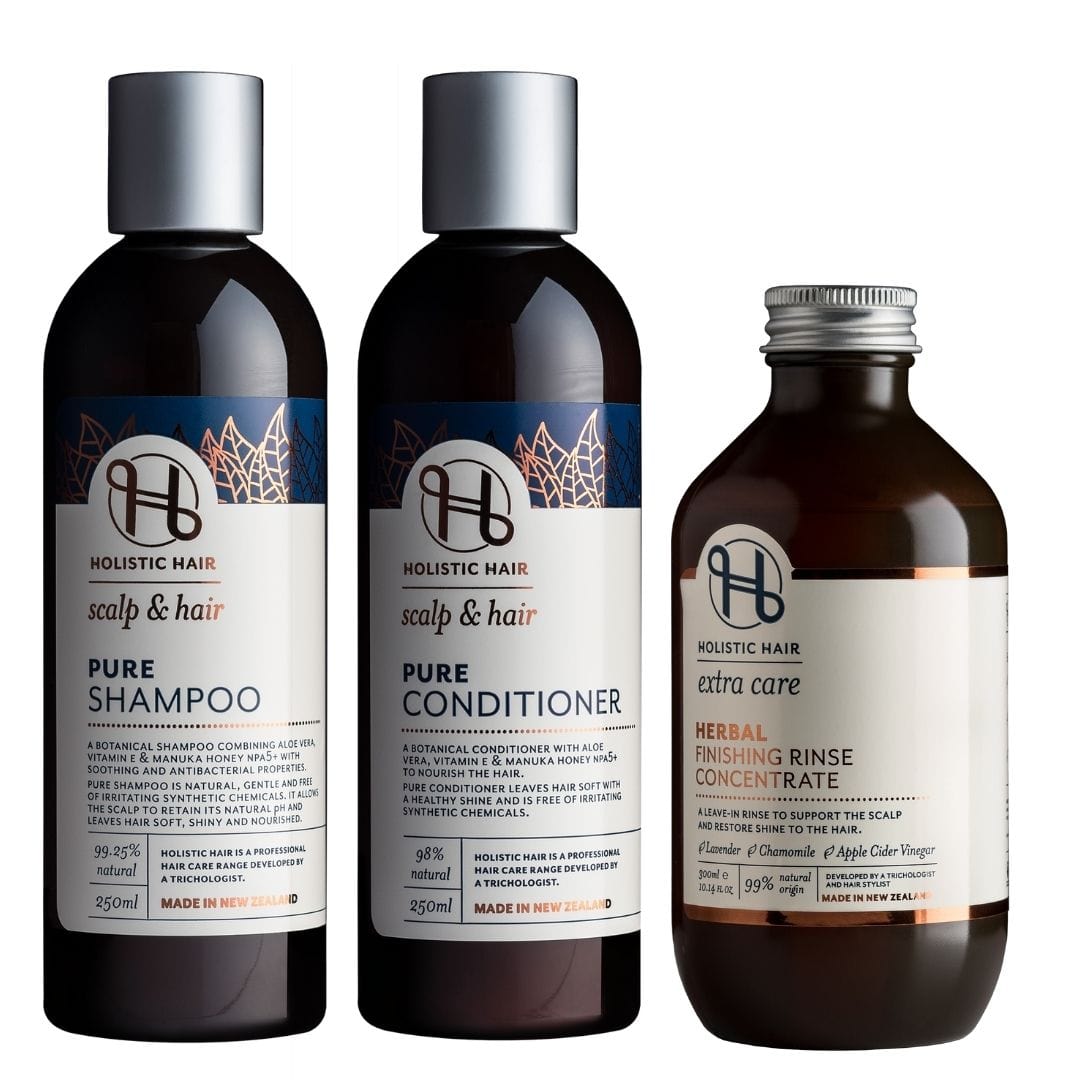 Pure and Natural Collection – a fragrance-free, gentle hair care trio that hydrates, nourishes, and soothes the scalp using natural botanicals for sensitive skin and hair.