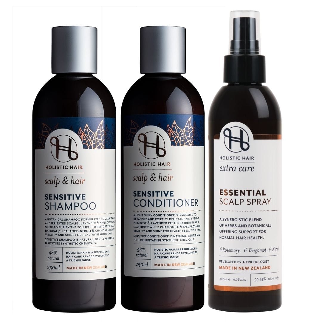 Scalp and Hair Support Collection – a calming haircare trio that soothes sensitive scalps, strengthens delicate hair, and promotes healthy growth with botanical-rich ingredients.