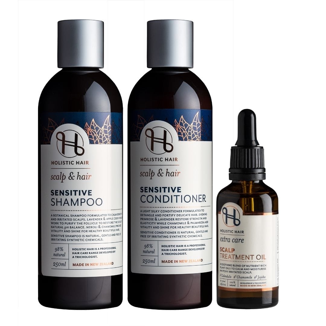 Sensitive Scalp Collection – a calming trio of shampoo, conditioner, and treatment oil designed to relieve irritation, hydrate the scalp, and support healthy, vibrant hair.
