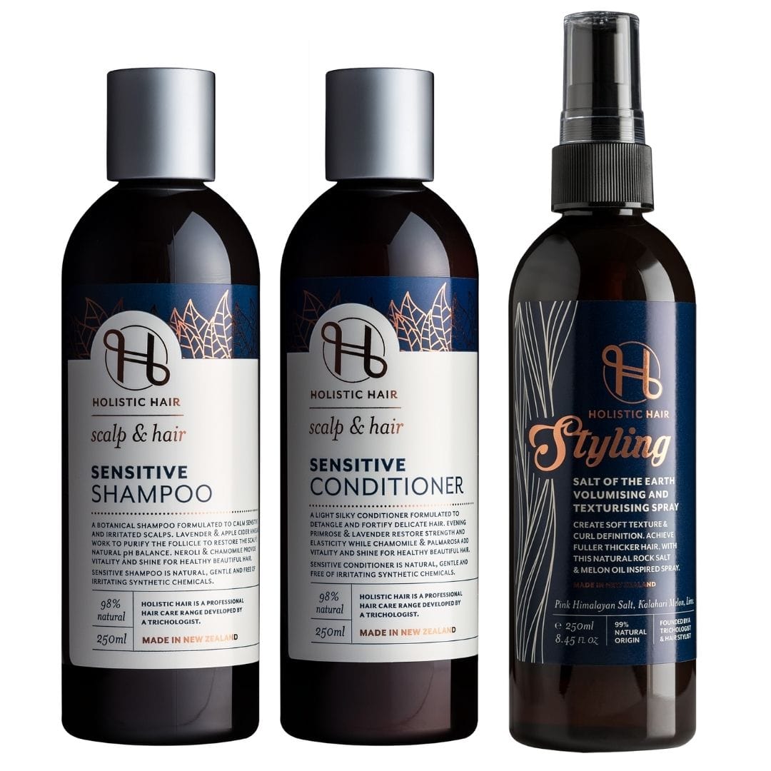 The Ultimate Volumising Collection – a trio for fine or thinning hair featuring shampoo, conditioner, and a volumising spray to lift roots, add texture, and boost scalp health naturally.