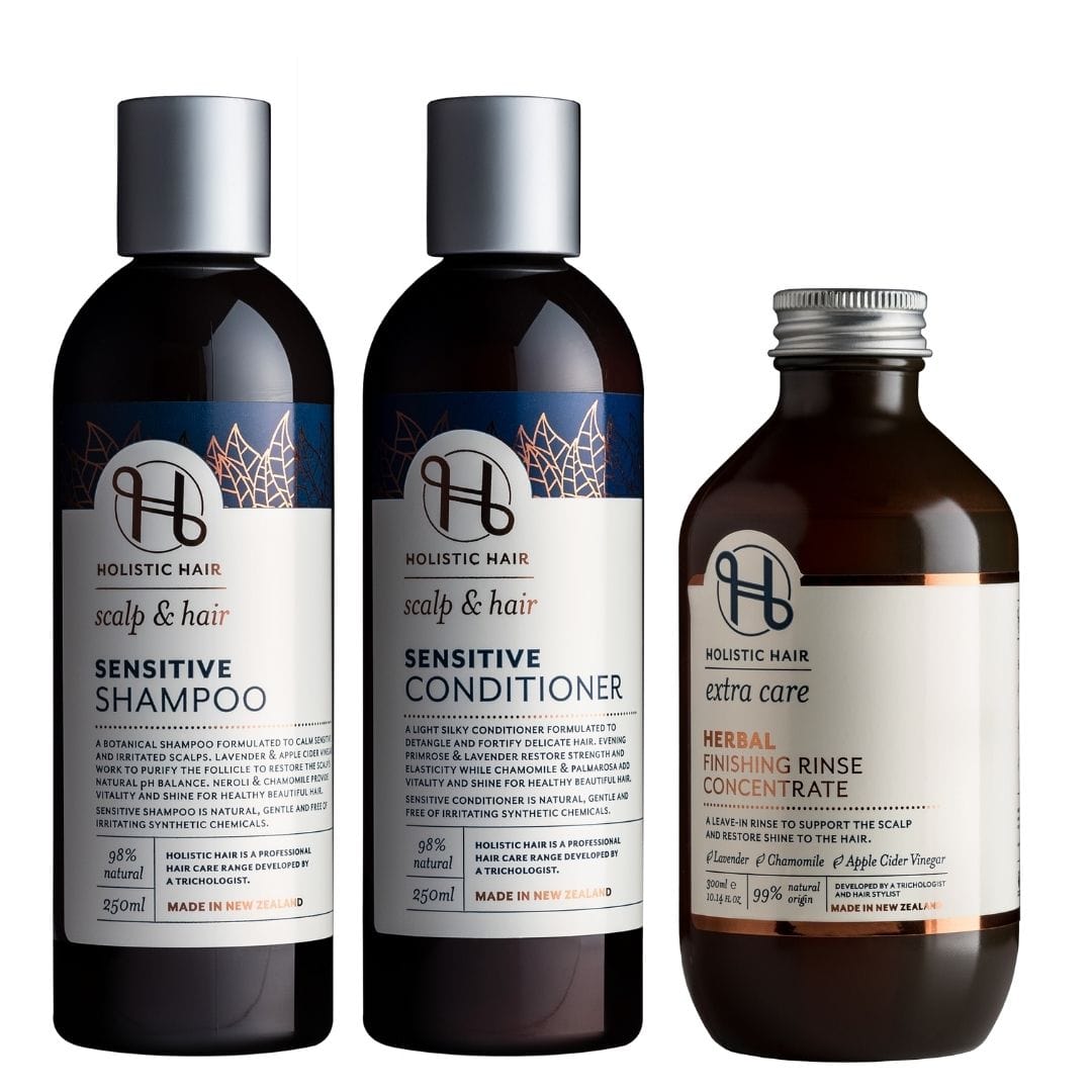 Vitality and Shine Collection – a trio of natural hair care products designed to soothe the scalp and boost shine and strength in fine, thinning hair.